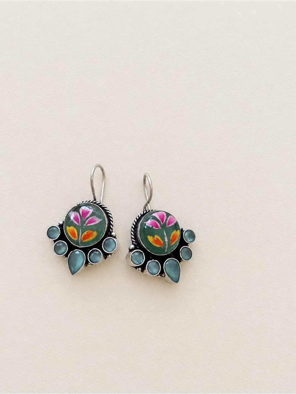 Source Unknown Hand-Painted Floral Earrings - Pink & Teal